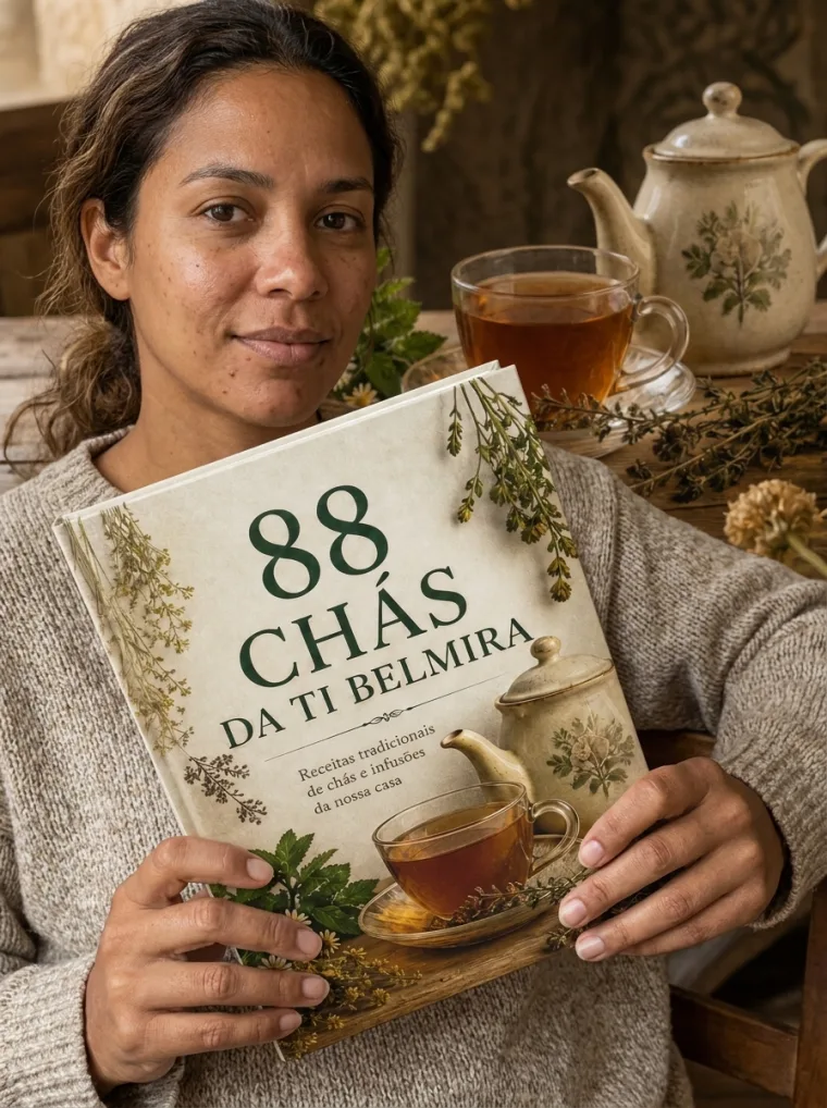 Uma das primeiras leitoras com o livro 88 Chás da Ti Belmira junto a uma chávena